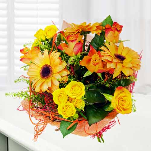 Yellow N Orange Flowers Bouquet-Best Flowers For Women's Day