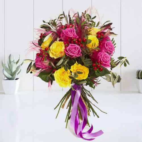 Yellow N Pink Roses Bouquet-Flowers Women's Day