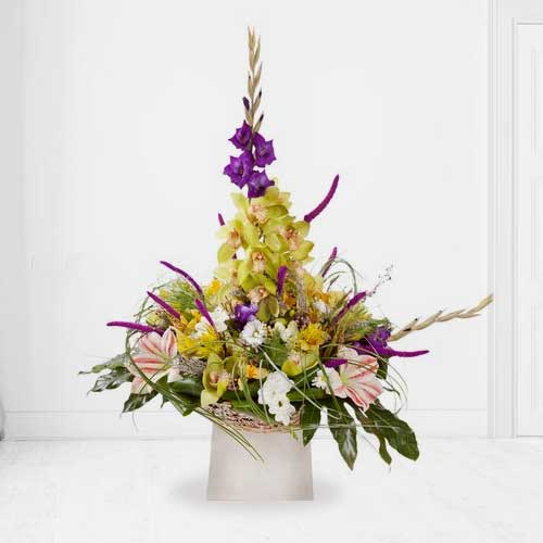 Yellow N Purple Funeral Arrangement-Send Flower Arrangements Funeral