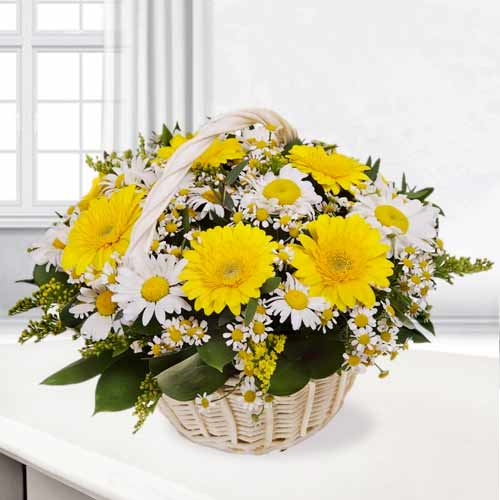 Yellow N White Flowers In A Basket-Happy Mothers Day Flowers