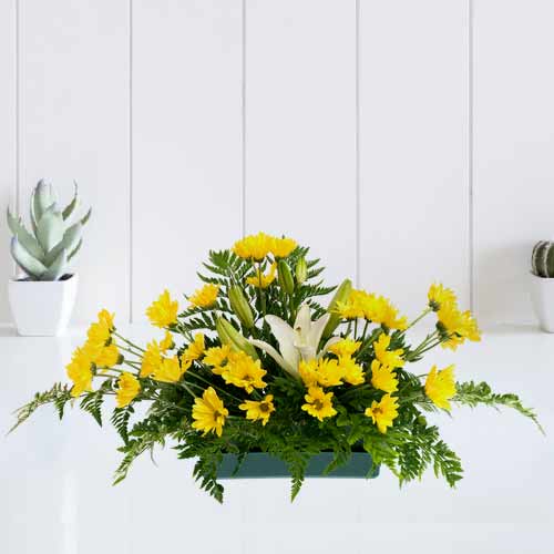 Yellow Gerberas N White Lilies-Flowers To Send For Grieving