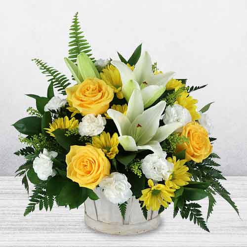 Yellow Gerberas N White Lilies-Flowers To Send For Grieving