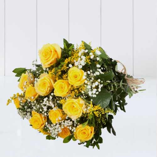 Yellow Roses N Mimosa Bouquet-Flowers To Send To Hospital
